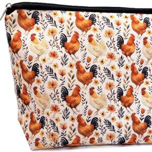 Farmhouse Country Chicken Hen Rooster Canvas Zippered Pouch Makeup Travel Bag